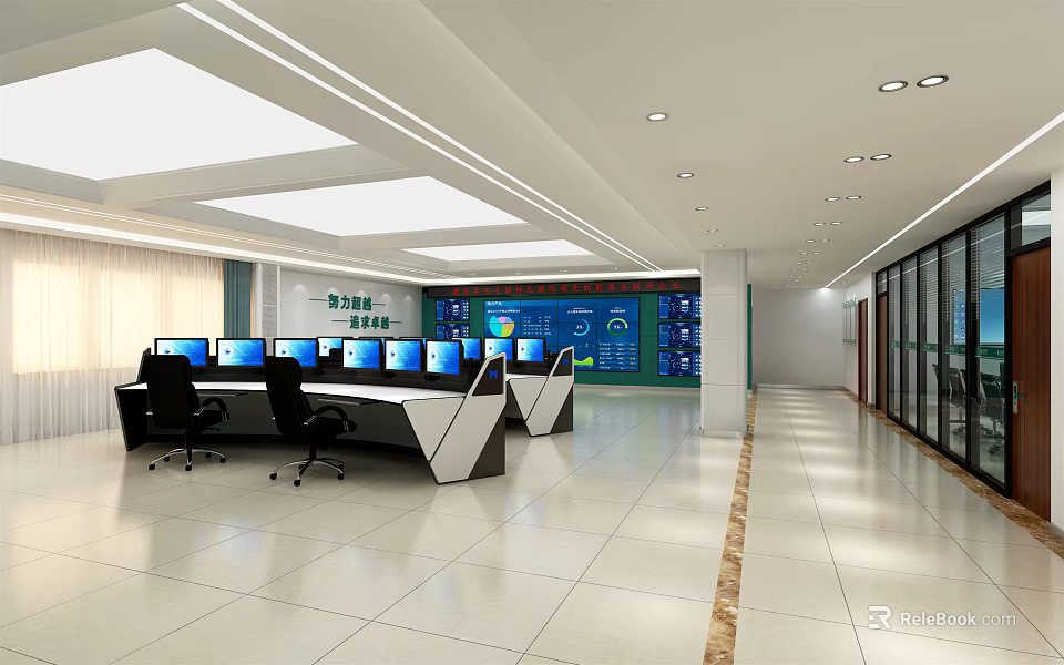 Modern Monitoring Room Interior With Multiple Screens And Control Desks 3d model 
