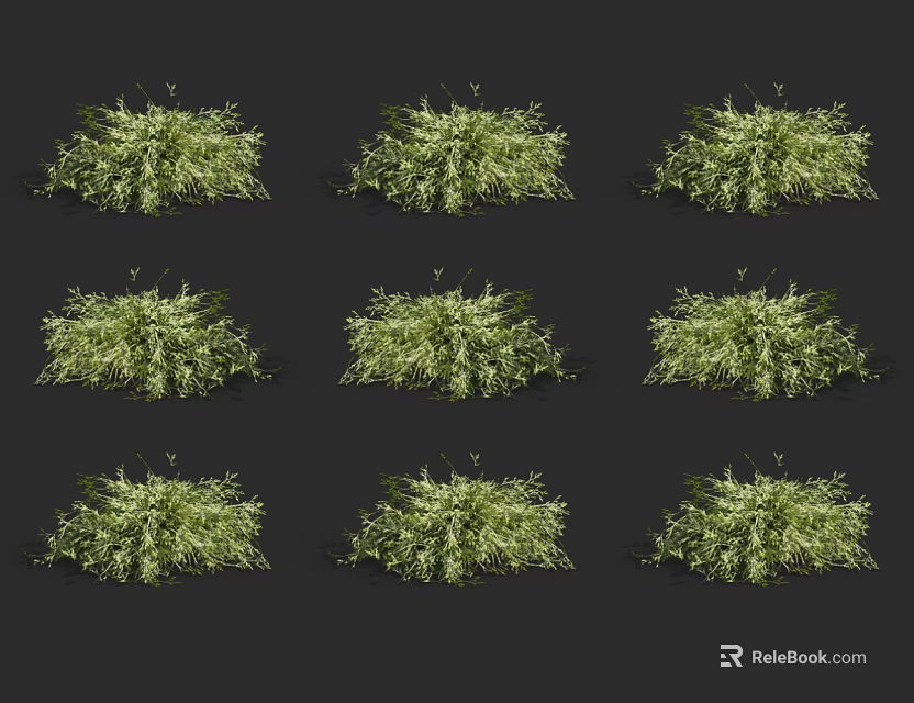Green Shrubs Display In Grid Arrangement With Different Views On Black Background 3d model