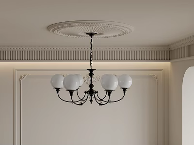 Elegant Classical Chandelier With White Glass Globes And Black Metal Frame In Ceiling Medallion Interior 3d model