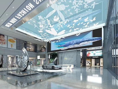 Modern Exhibition Hall With Ceiling Butterfly Decorations Large Screen Silver Car And Sculpture 3d model