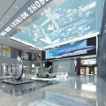 Modern Exhibition Hall With Ceiling Butterfly Decorations Large Screen Silver Car And Sculpture