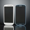 Samsung Smartphones Two Different Colors White And Blue With Black Screens On Dark Background