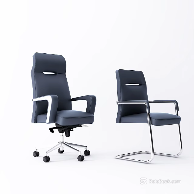 Two Blue Modern Office Chairs with Armrests and Wheel Fixed Bases 3d model