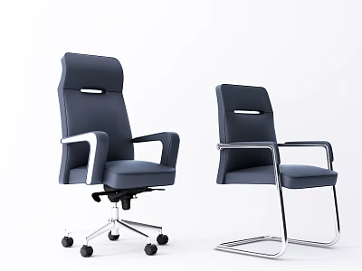 Two Blue Modern Office Chairs with Armrests and Wheel Fixed Bases 3d model