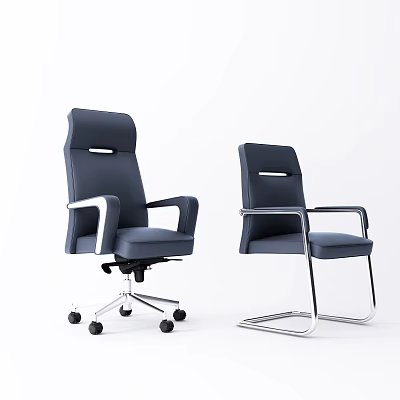 Two Blue Modern Office Chairs with Armrests and Wheel Fixed Bases 3d model