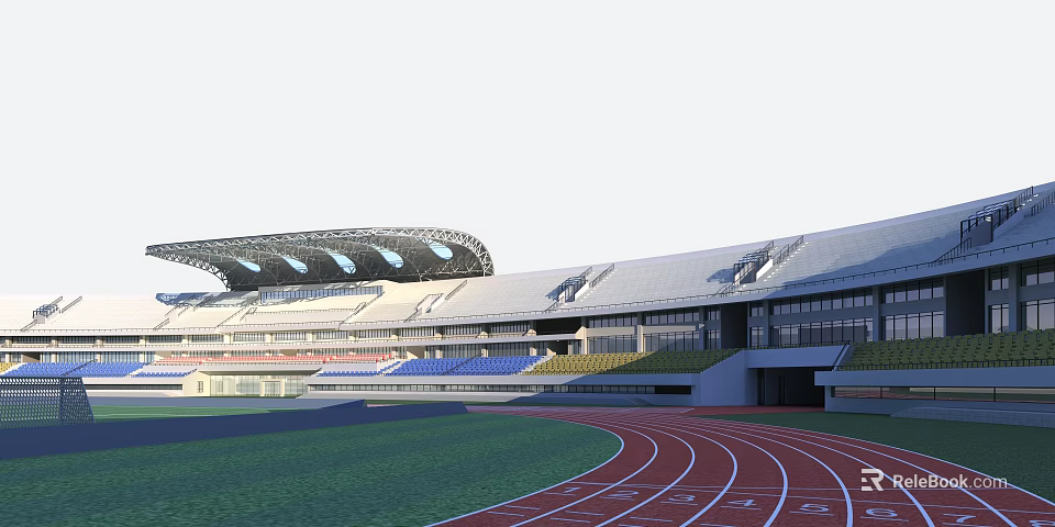 Modern Sports Stadium Featuring Red Running Track Green Turf And Spectator Stands 3d model 