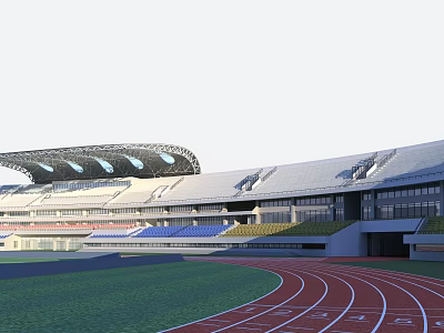 Modern Sports Stadium Featuring Red Running Track Green Turf And Spectator Stands 3d model