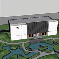 Park Landscape Featuring Modern Building White Walls Black Roof Wooden Panels Water Pond And Trees