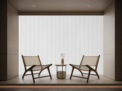 Leisure Sofa Set With Rattan Chairs Small Round Table Vase And Light Minimalist Blinds 3d model