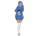 Light Blue Haired Woman Wearing Blue Sweater With Cartoon Print And Snowflakes Against Black Background