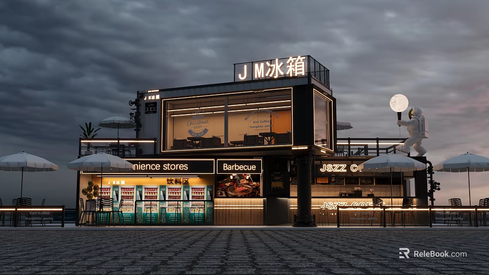 Industrial Factory Building Modern Exterior With Glass Metal Structure Commercial Lighting And Outdoor Umbrellas 3d model 