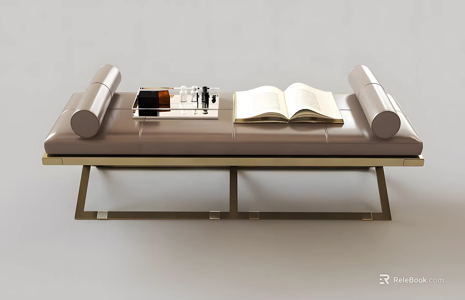 Modern Sofa Bench with Upholstered Surface Open Book Tray and Metal Legs 3d model 