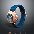 Stylish Wrist Watch with Blue Leather Strap Rose Gold Case and Blue Dial Hands Markers
