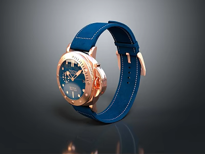 Stylish Wrist Watch with Blue Leather Strap Rose Gold Case and Blue Dial Hands Markers 3d model