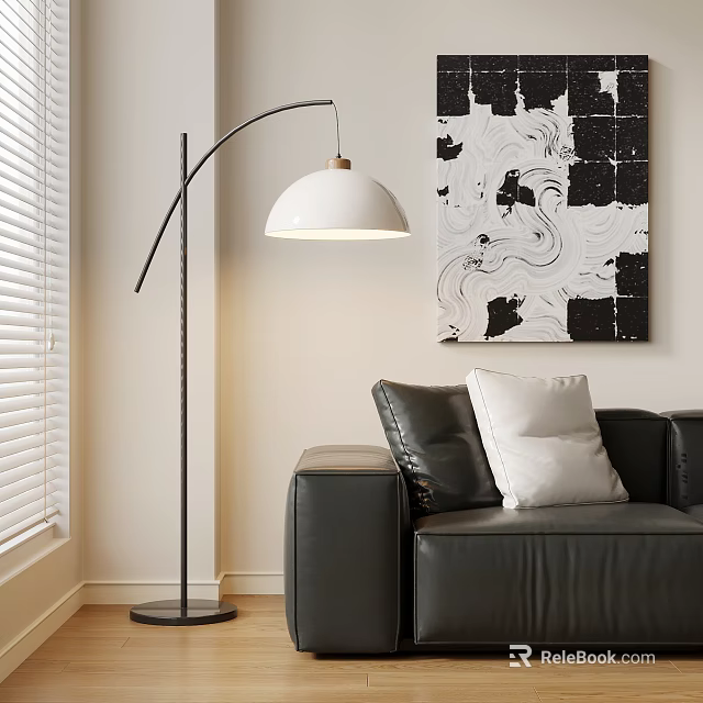 Modern Floor Lamp with Curved Stand in Living Room Near Gray Sofa and Abstract Art 3d model 