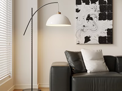 Modern Floor Lamp with Curved Stand in Living Room Near Gray Sofa and Abstract Art 3d model