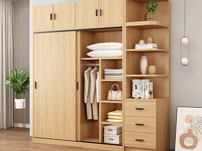Modern Wooden Wardrobe Design With Hanging Space Shelves Drawers And Decorative Storage 3d model