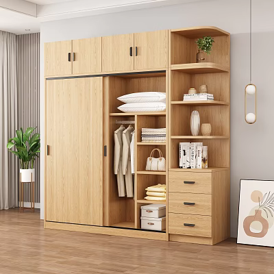 Modern Wooden Wardrobe Design With Hanging Space Shelves Drawers And Decorative Storage 3d model