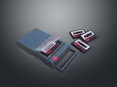 Vintage Blue Computer Tape Drive With Open Transparent Cover And Black Red Labeled Cassettes 3d model