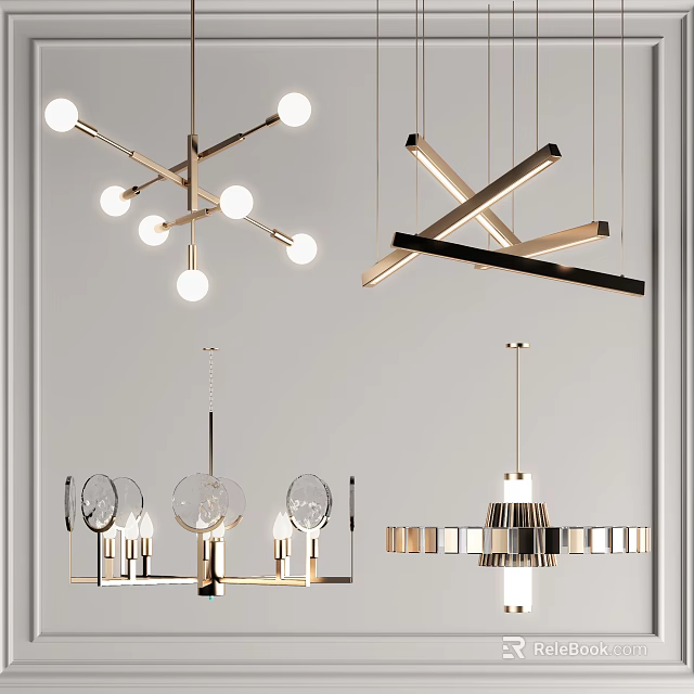 Modern Pendant Chandeliers Featuring Spherical Bulbs And Linear Structures For Interior Design 3d model