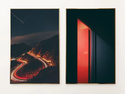 Two Framed Wall Artworks Night Mountain Road Light Trails And Red Doorway 3d model