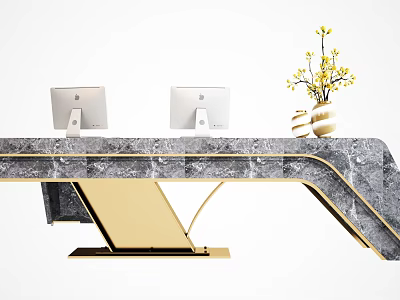 Modern Reception Desk Design With Marble Countertop Golden Frame Two Monitors And Yellow Flower Vase 3d model