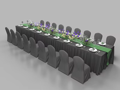 Elegant Dining Table Set With Dark Tablecloth Green Runner Flower Centerpieces Tableware And Gray Chairs 3d model