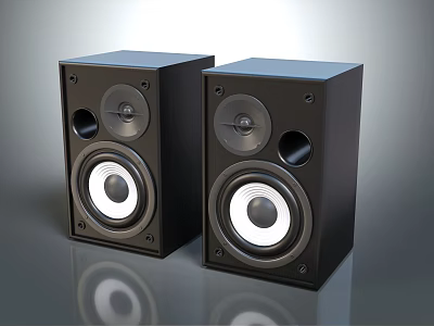 Pair of Black Bookshelf Speakers With Modern Design Round Speaker Drivers And Reflective Base 3d model