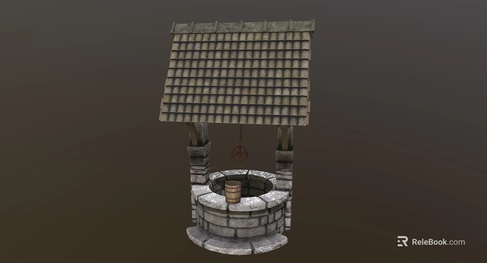 Traditional Stone Well Garden Ornament With Tile Roof And Wooden Bucket 3d model 