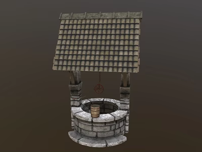 Traditional Stone Well Garden Ornament With Tile Roof And Wooden Bucket 3d model