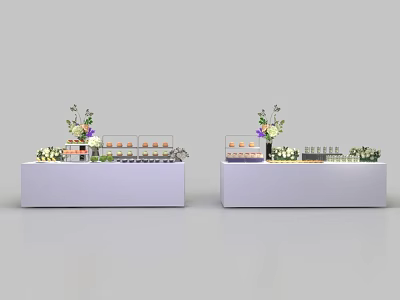 White Display Tables With Assorted Food Items And Fresh Floral Decorations 3d model