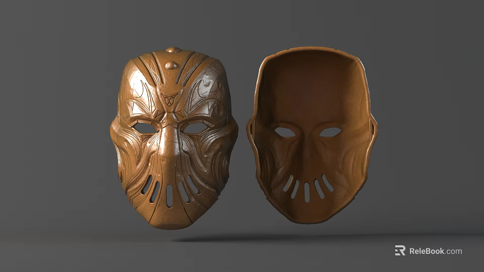 Brown Hand Carved Mask Sculpture Front And Back View Details 3d model 