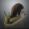 Detailed Brown Spiral Shell Snail Sculpture with Yellow Textured Body and Reflection