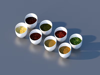 Assorted Food Spices in White Bowls with Different Colors and Flavors Arranged on Gray Surface 3d model