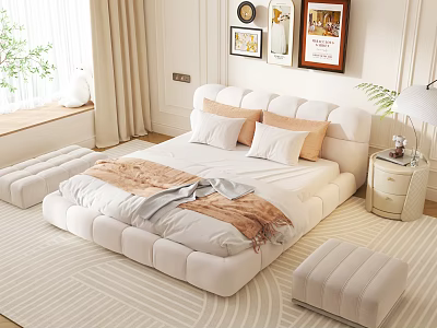Upholstered Double Bed with White Beige Pillows Throw Blanket Matching Ottomans Window Curtains Wall Art 3d model