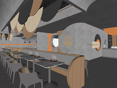 Modern Restaurant Interior Design With Gray Walls Wooden Tables And Circular Decor Accents 3d model