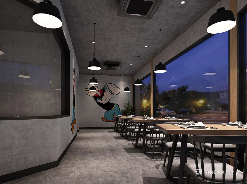 Modern Restaurant Interior With Cartoon Decor Long Dining Tables And Night View Windows 3d model