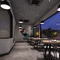 Modern Restaurant Interior With Cartoon Decor Long Dining Tables And Night View Windows 3d model