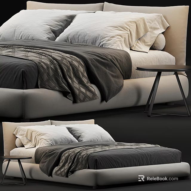 Modern Minimalist Double Bed With Gray Bedding White Pillows And Side Table 3d model 