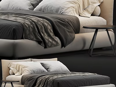 Modern Minimalist Double Bed With Gray Bedding White Pillows And Side Table 3d model