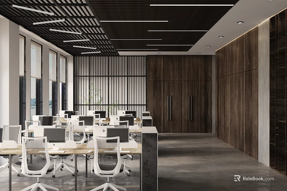 Modern Public Office Interior Design With Slatted Ceiling Wooden Walls Desks Computers And Windows 3d model 