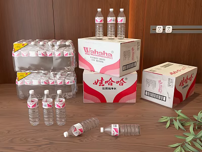 Wahaha Mineral Water Bottles And Stacked Cartons On Wooden Table 3d model