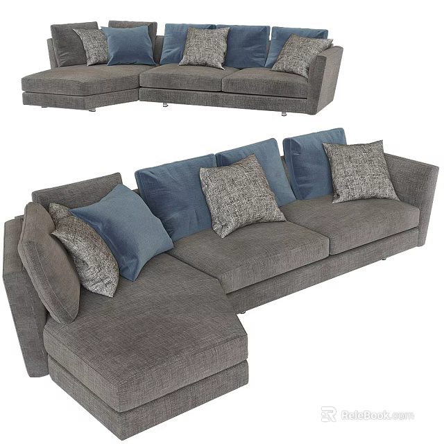 Modern Gray Sectional Fabric Sofa With Soft Blue And Gray Decorative Cushions 3d model 
