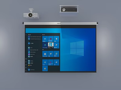 Projector and Monitoring Camera Mounted Above Projection Screen Displaying Windows Interface 3d model