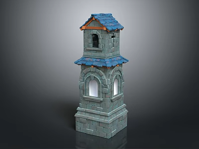 Cartoon Scene Stone Tower With Blue Roof Arched Windows And Gray Base 3d model