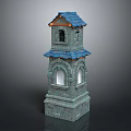 Cartoon Scene Stone Tower With Blue Roof Arched Windows And Gray Base