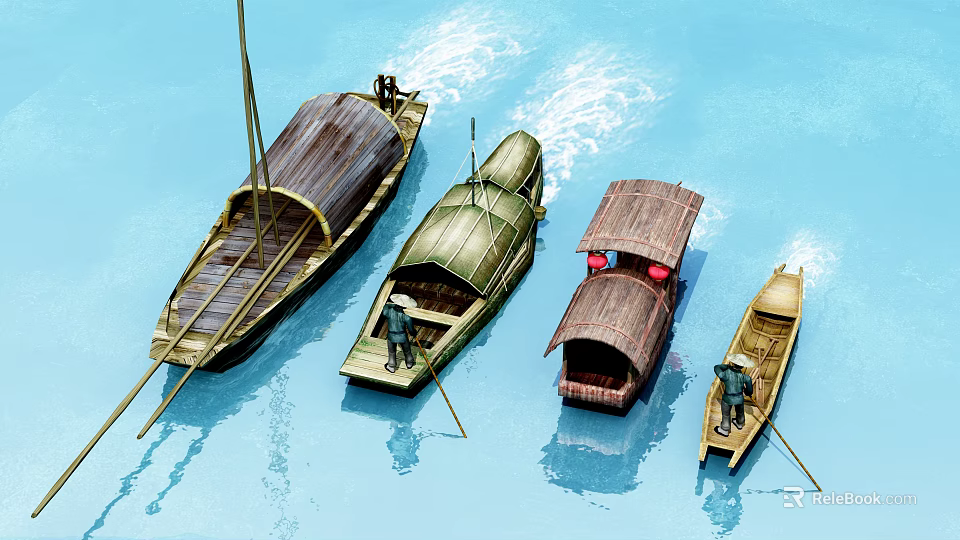 Traditional Wooden Boats With Different Roofs Sailing On Blue Water With People 3d model 