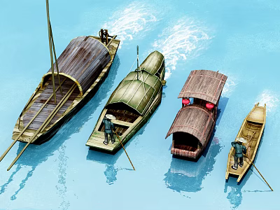 Traditional Wooden Boats With Different Roofs Sailing On Blue Water With People 3d model