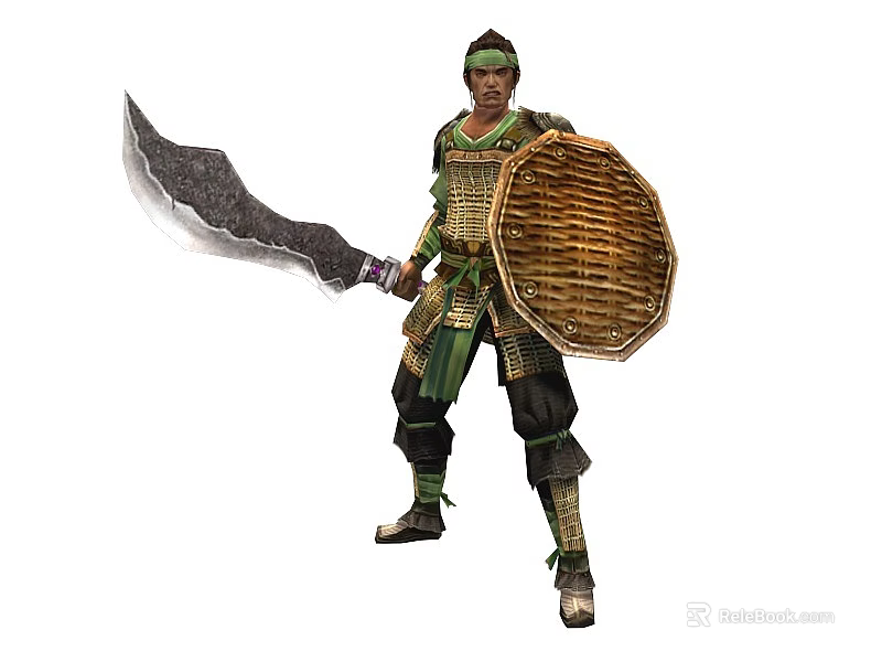 Man in Traditional Armor Holding Large Sword and Wicker Shield 3d model