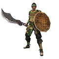 Man in Traditional Armor Holding Large Sword and Wicker Shield 3d model